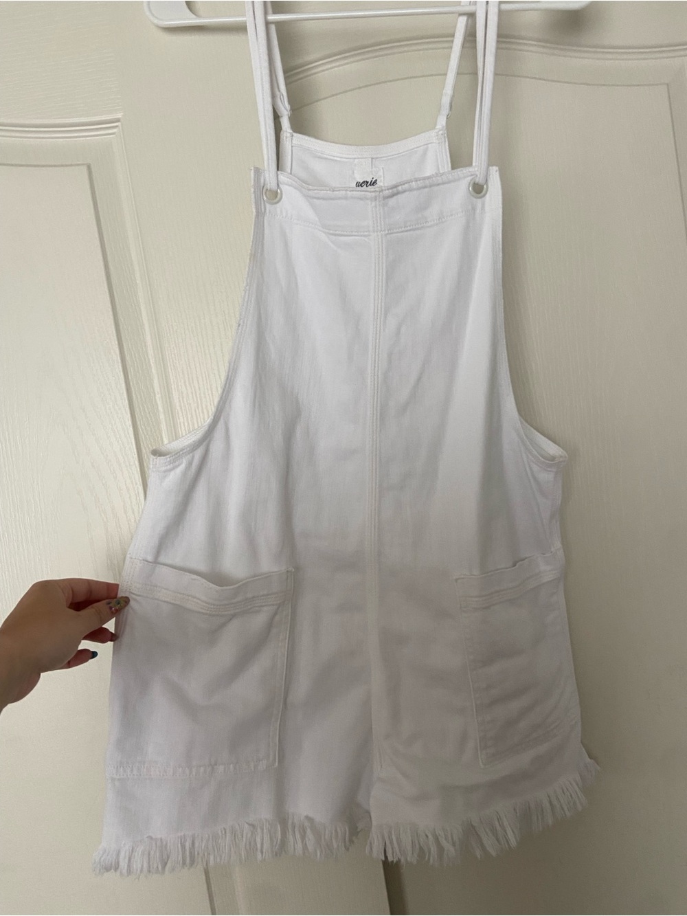 aerie White Denim Overall Shorts with Frayed Hem